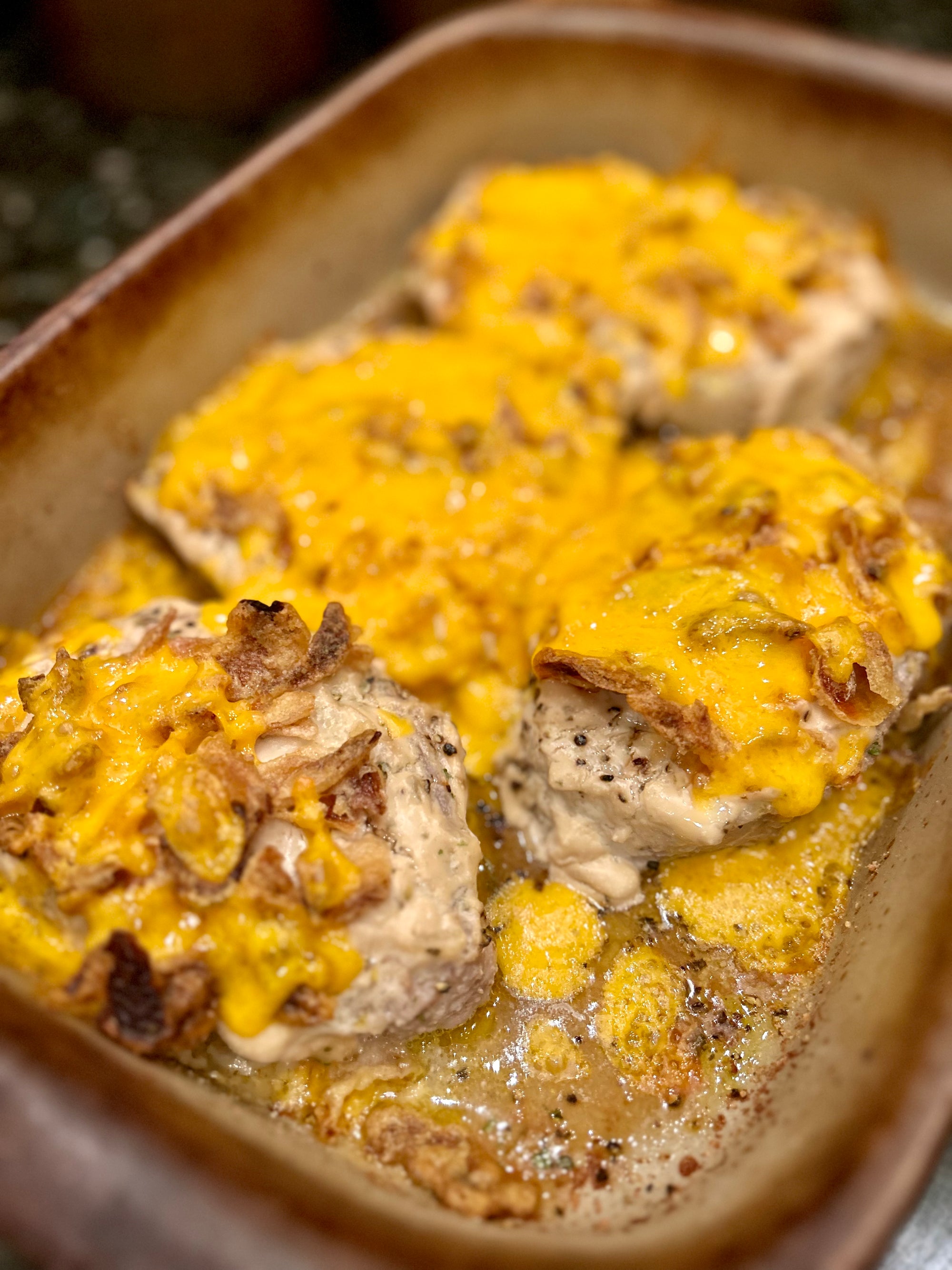 French Fried Onion Cheesy Pork Chops